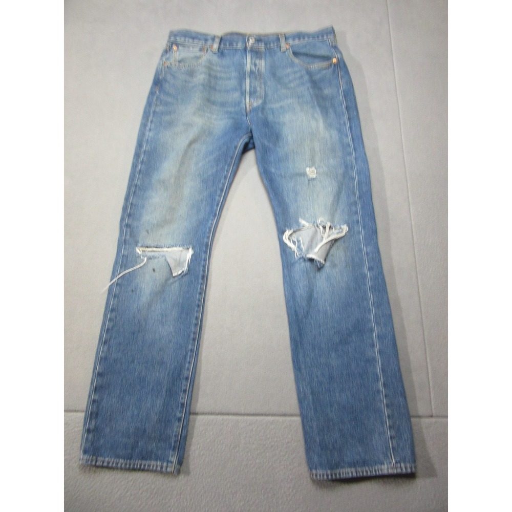 Levis 501 Jeans Mens 36x34 Blue Denim Straight Leg Mid Rise Distressed 93 Torn
